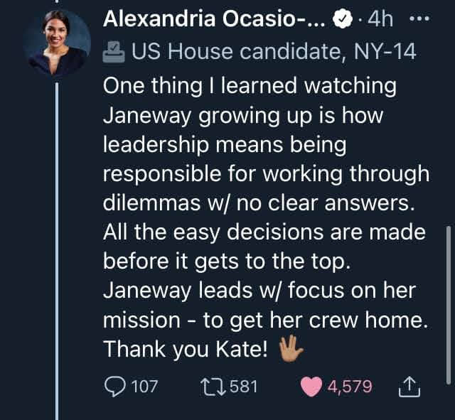 The meme appears to be a screenshot of a Twitter post from a user named @AlexandriaOcasioCortez, where she shares a humorous anecdote about her childhood. The text reads: "I used to watch 'The Wonder Years' as a kid and I thought I wanted to be a lawyer, then a doctor, then a politician... but I never thought I'd actually be one." The meme is likely a joke or a humorous commentary on her rise to political power.